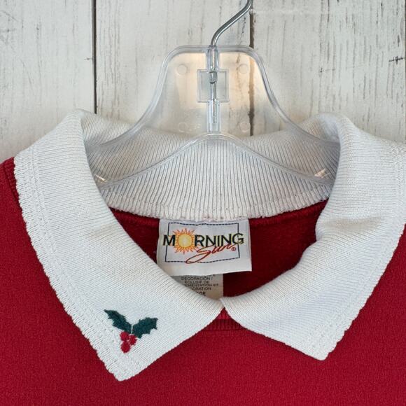VTG Morning Sun Red Collared Snowman Winter Sweatshirt Grannycore Size Large - Picture 6 of 16